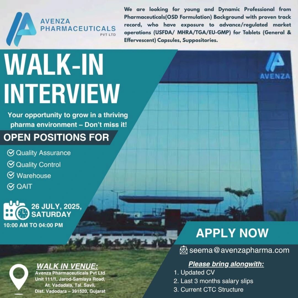 Avenza Pharmaceuticals Walk-in Drive for Multiple Job Roles on 26th July