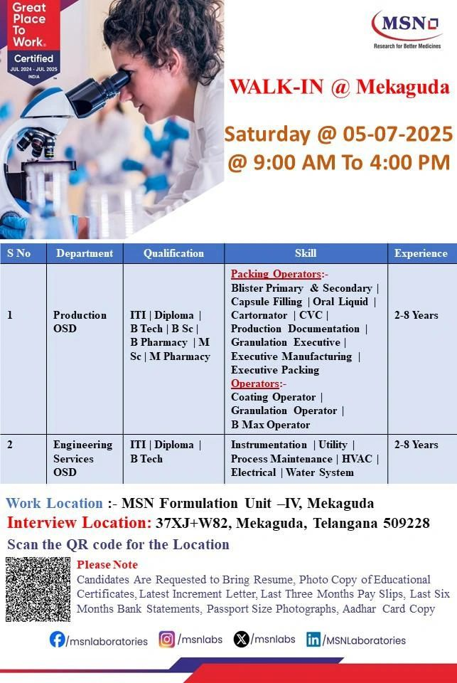 MSN Laboratories Walk-In Drive for Production & Engineering Services OSD - 5th July 2025