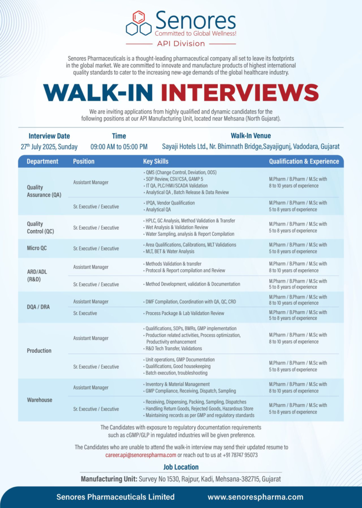 Senores Pharmaceuticals Walk-In Interview for API Manufacturing Roles on 27th July