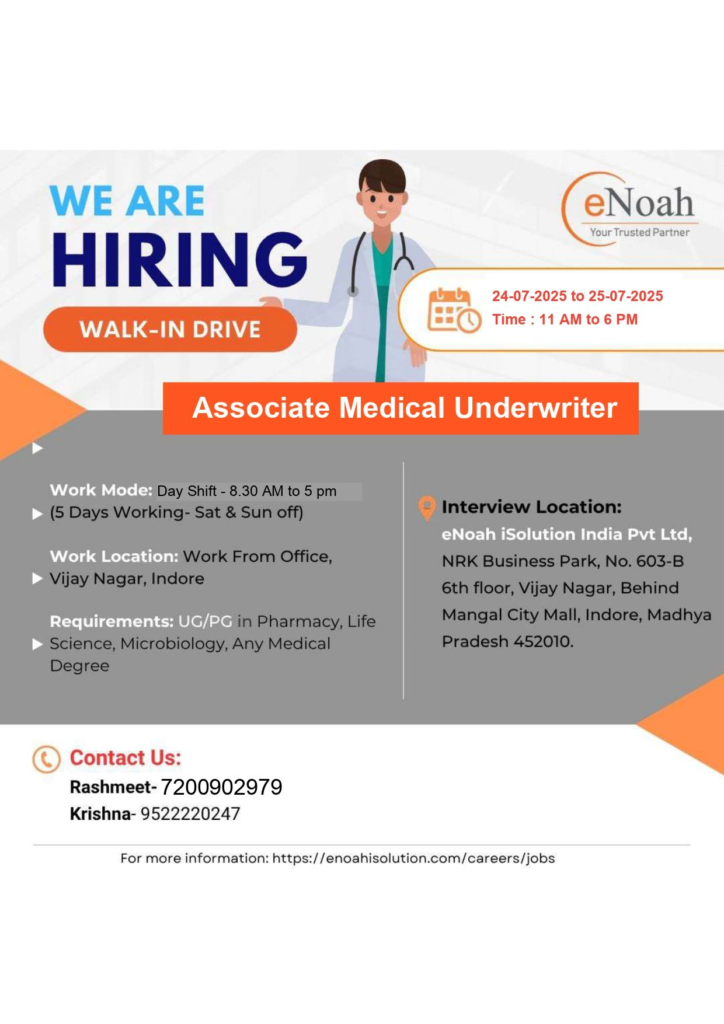 Freshers Jobs @ eNoah iSolution Walk-In Drive for Associate Medical Underwriter in Indore