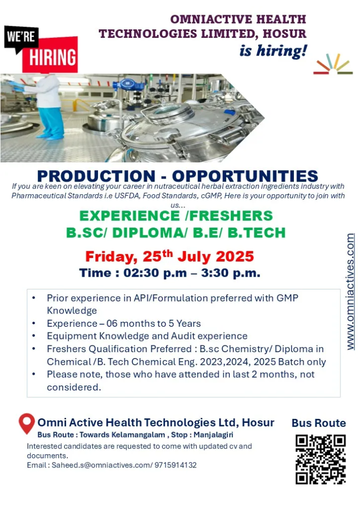 OmniActive Health Technologies Walk-In Drive for Production Roles