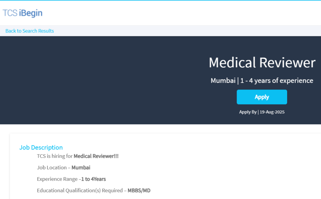 TCS Job Opening for Medical Reviewer - Apply Now