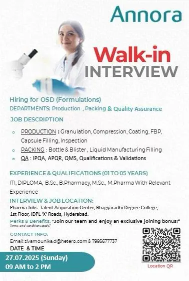 Annora Pharma Walk-In Interview for OSD Formulation Roles on 27th July