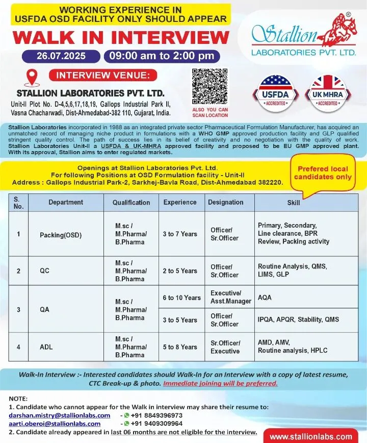 Stallion Laboratories Walk-In Interview on July 26, 2025