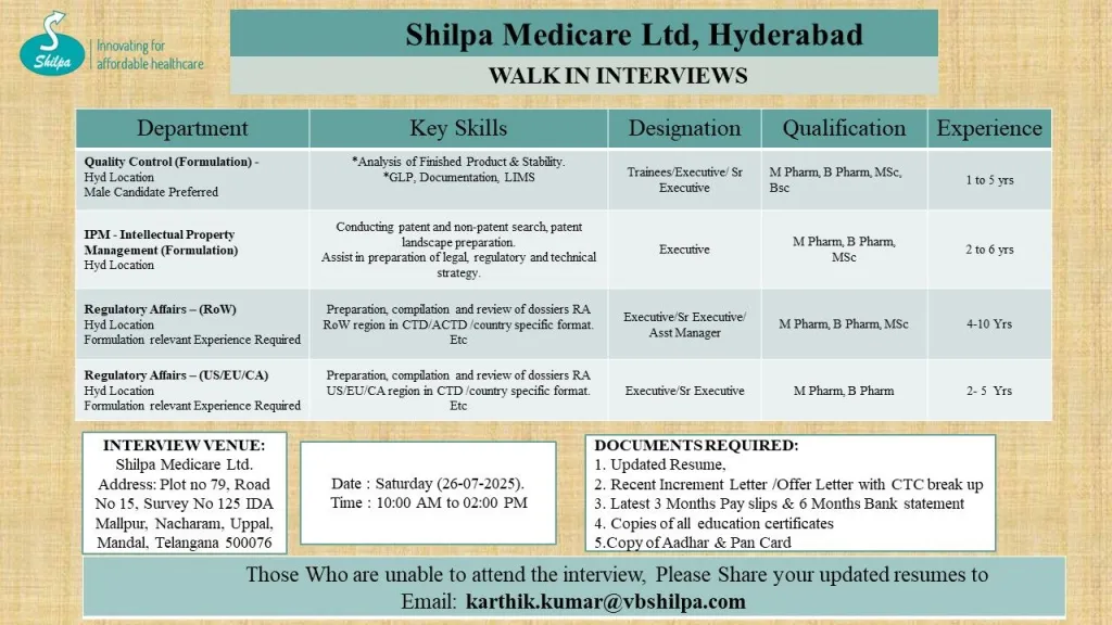 Shilpa Medicare Ltd Walk-In Interview for Quality Control (Formulation), IPM, and Regulatory Affairs on 26th July