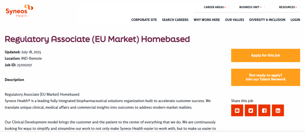 Syneos Health Is Hiring for A Regulatory Associate (EU Market) – Homebased in India