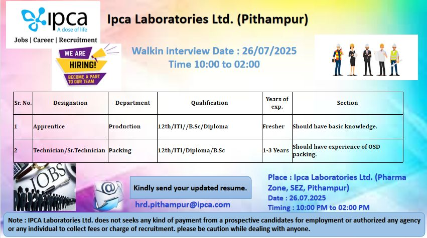 Ipca Laboratories Walk in Interview for Apprentice (Pithampur)