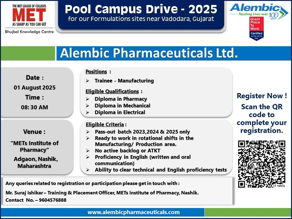 Alembic Pharmaceuticals - Pool Campus Drive 2025 As Trainee - Manufacturing