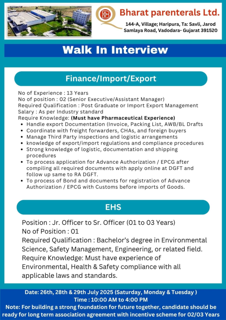 Bharat Parenterals Walk-In Interview For Multiple Job Roles on July 26, 28, & 29, 2025