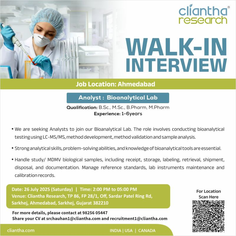 Cliantha Research Walk-In Interview in Ahmedabad - 26th July 2025