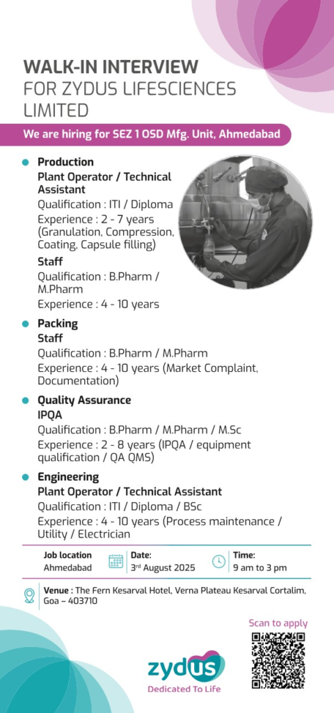 Zydus Lifesciences Walk-In Interview for Production, Packing Staff, Quality Assurance (IPQA), and Engineering Roles - 3rd August 2025