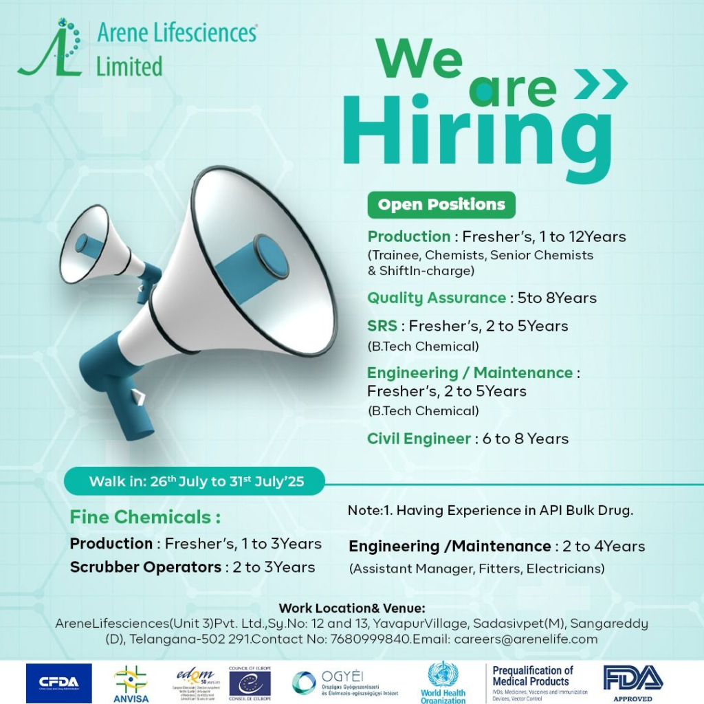 Freshers Jobs @ Arene Lifesciences Limited Walk-in Interview for Production, QC Engineering & Maintenance on 26th to 31st July