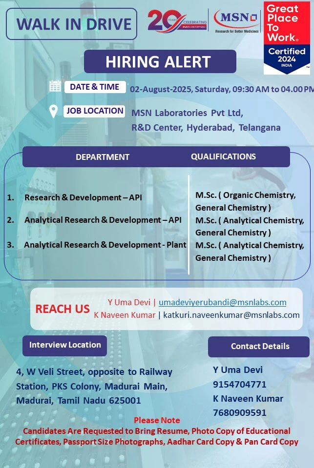 MSN Laboratories Walk-In Drive for R&D Job Roles on 2nd August