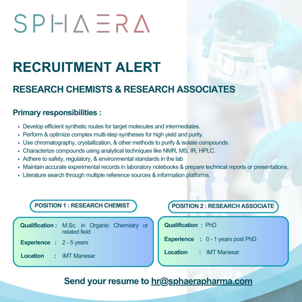 Sphaera Pharma - Hiring for Research Chemists & Research Associates (0-5 Years Exp)