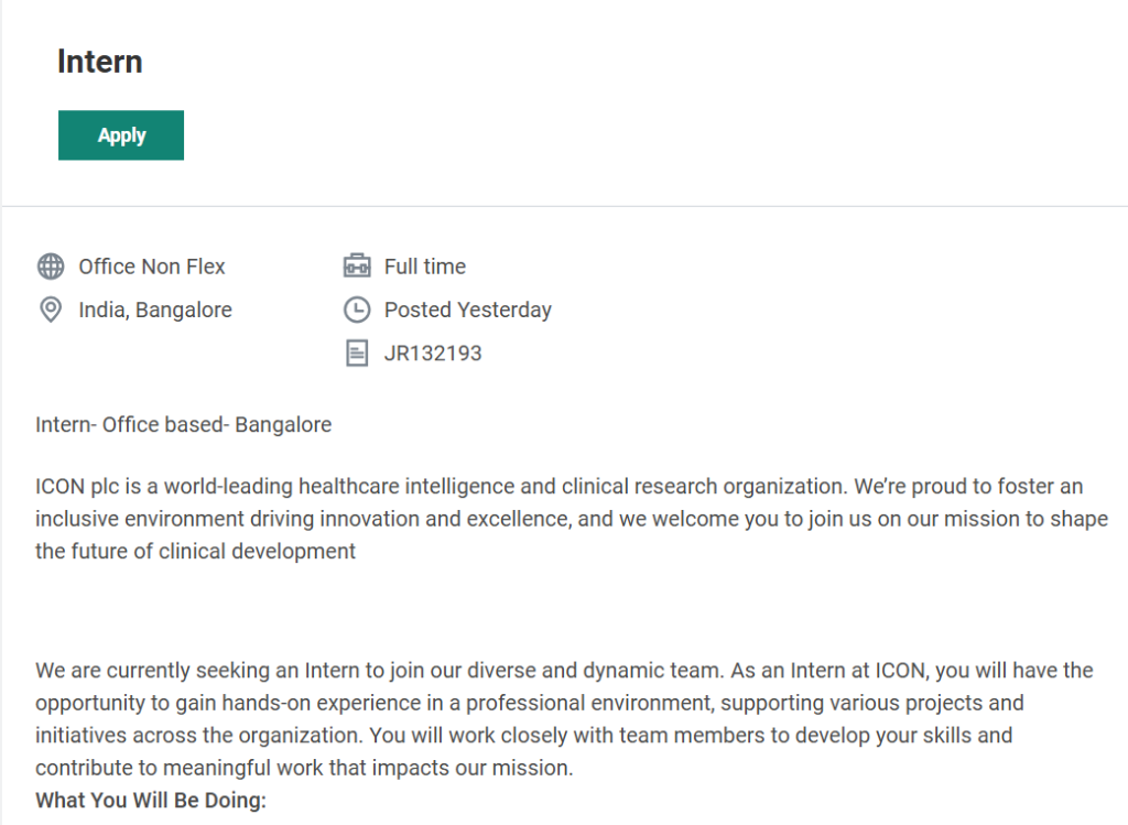 ICON Internship - Hiring for Clinical Research Support Intern (Office-based)