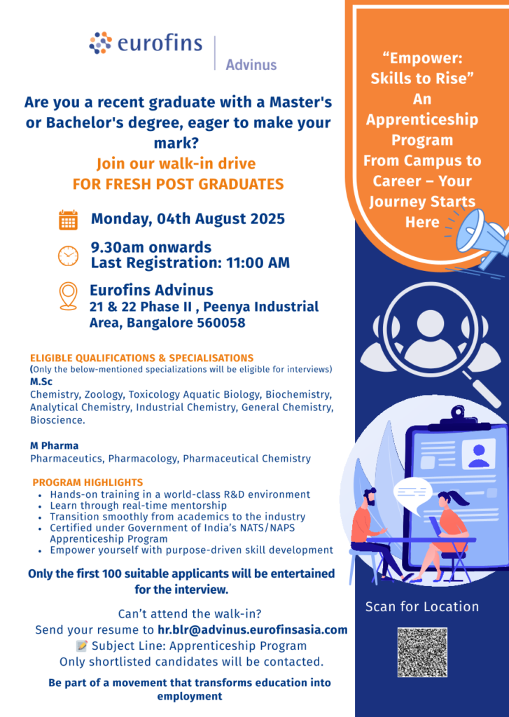Eurofins Advinus Walk-In Drive for Fresh Post-Graduates on 4th August