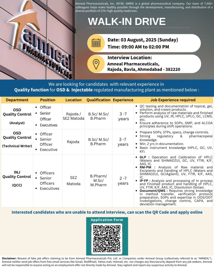 Amneal Pharmaceuticals Walk-In Drive for Quality Control Roles on 3rd August
