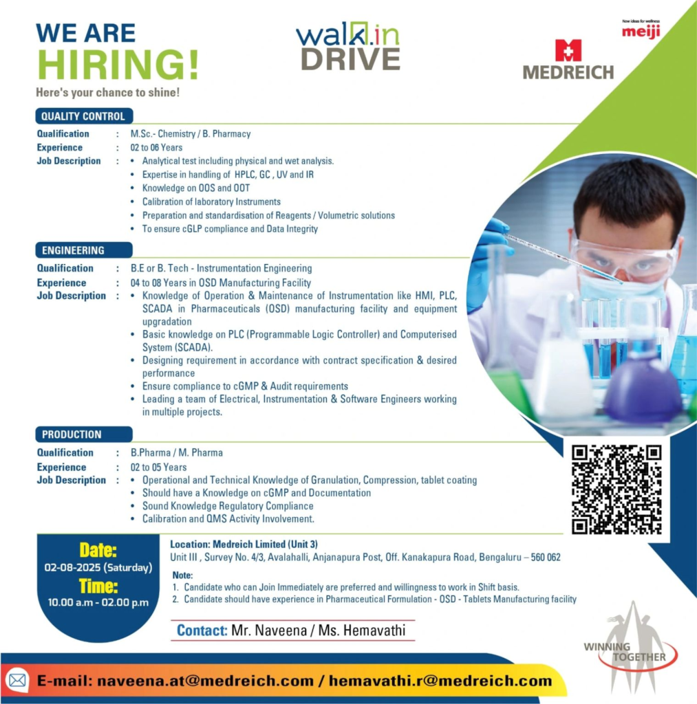 Medreich Limited Walk-In Interview for Quality Control, Engineering, and Production Roles on 2nd August