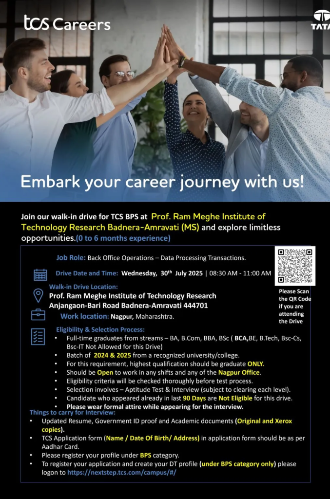 TCS BPS Walk-In Drive for Back Office Operations for Freshers on 30th July