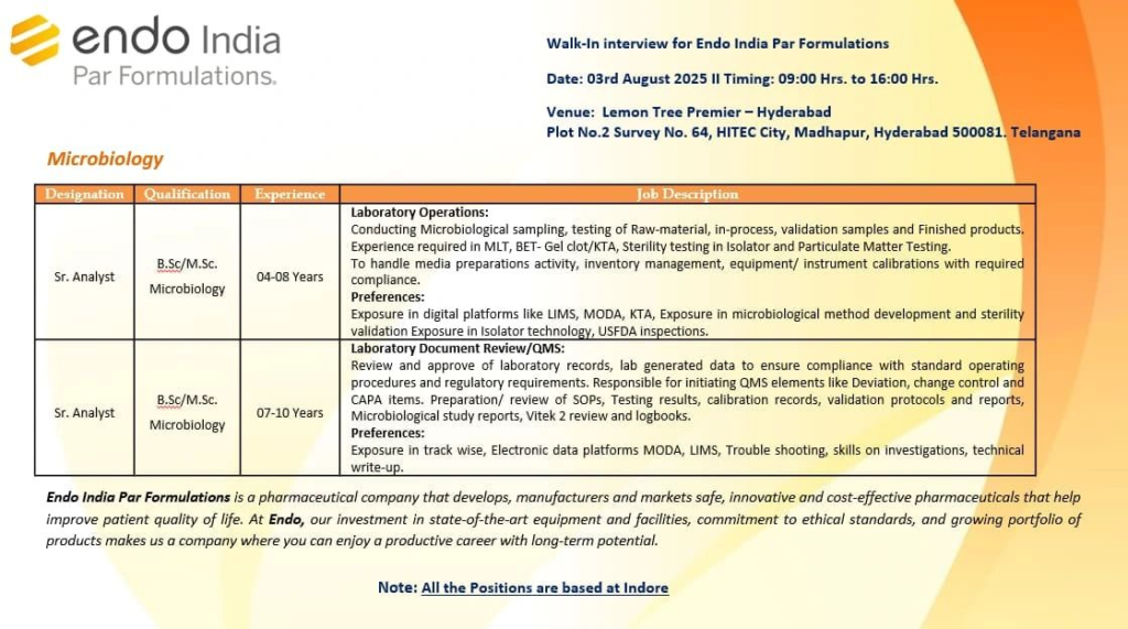 Endo India Par Formulations – Walk-In Interview on 3rd August