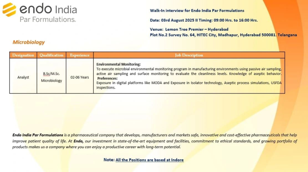 Endo India Par Formulations – Walk-In Interview on 3rd August