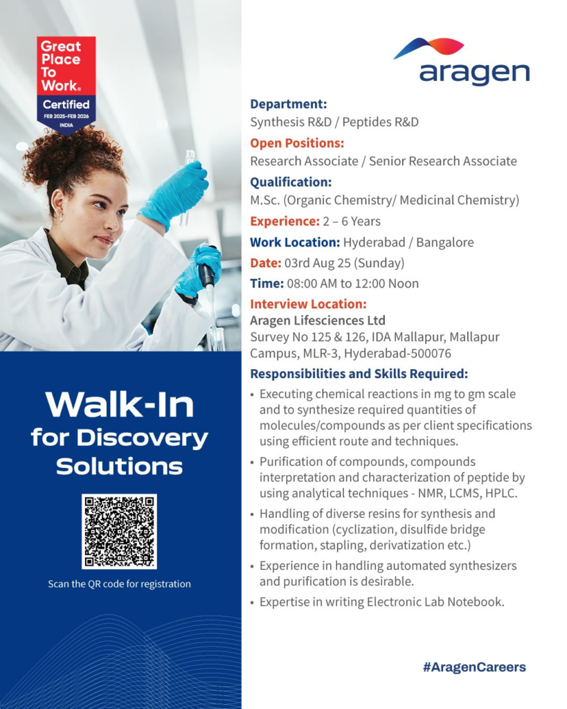 Aragen Lifesciences – Walk-In Interviews for R&D Professionals on 3rd August