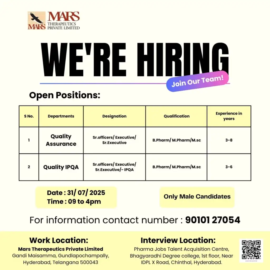 Mars Therapeutics - Walk-In Interviews for Quality Assurance Professionals