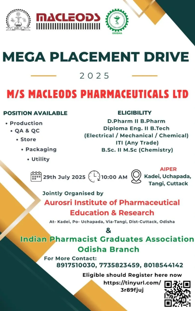 MacLeods Pharmaceuticals Mega Placement Drive 2025 - 29th July