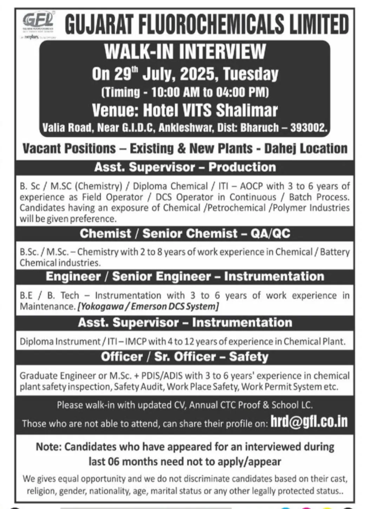 Gujarat Fluorochemicals Limited Walk-In Interviews for Multiple Roles on 29th July