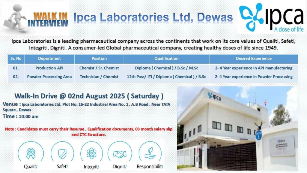 Ipca Laboratories Walk-In Interview for Production API Roles on 2nd August