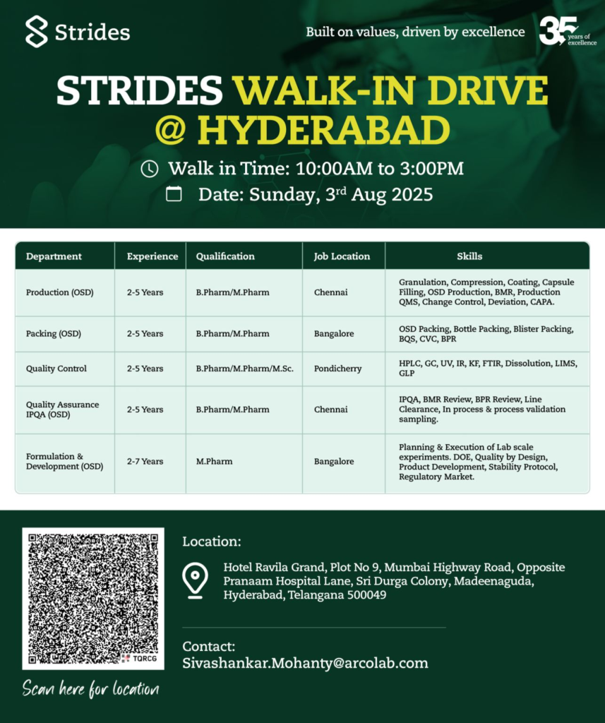 Strides Pharma Walk-In Drive for QA, QC, Production, F&D Packing Roles on 3rd August