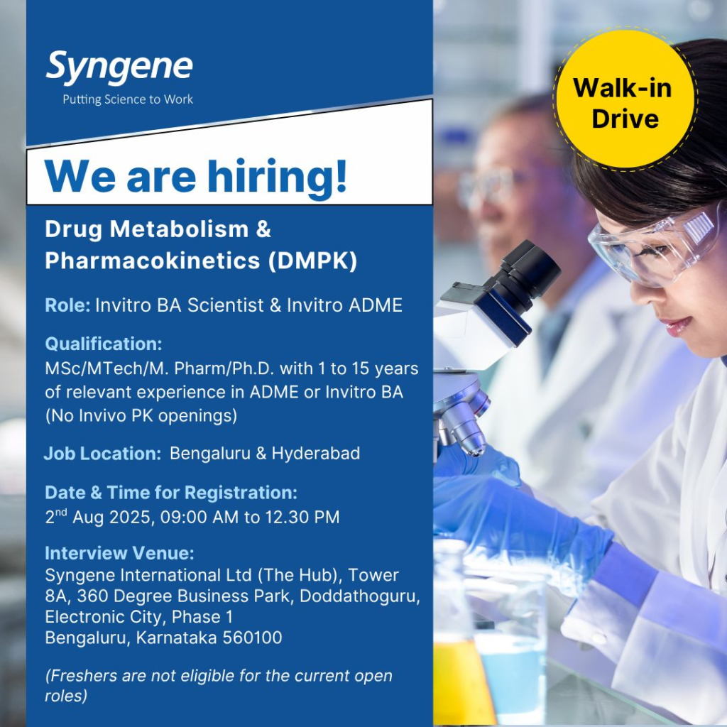 Syngene Walk-In Interview for Drug Metabolism & Pharmacokinetics Roles in Bengaluru and Hyderabad