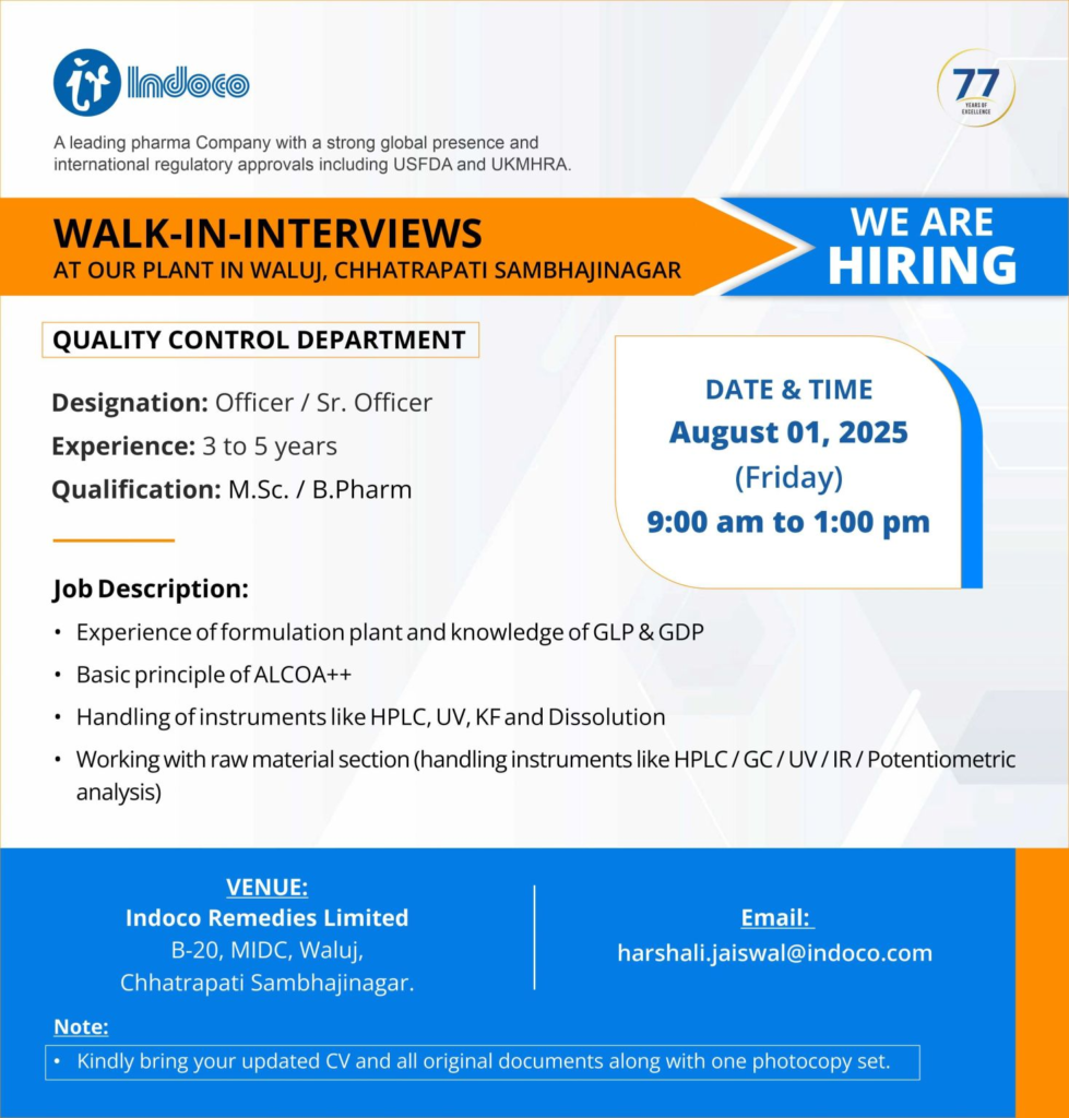 Indoco Remedies: Walk-In Interview for Quality Control Roles in Chhatrapati Sambhajinagar