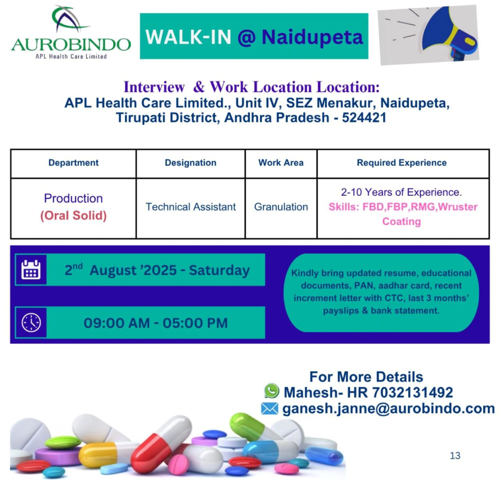 Aurobindo Pharma Ltd Walk-In Interview for Production (Oral Solid) on 2nd August