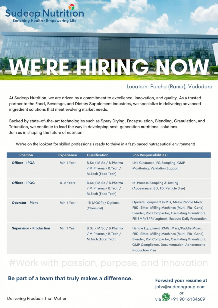 Sudeep Nutrition Hiring A Officer - IPQC (0-2 Years Exp)
