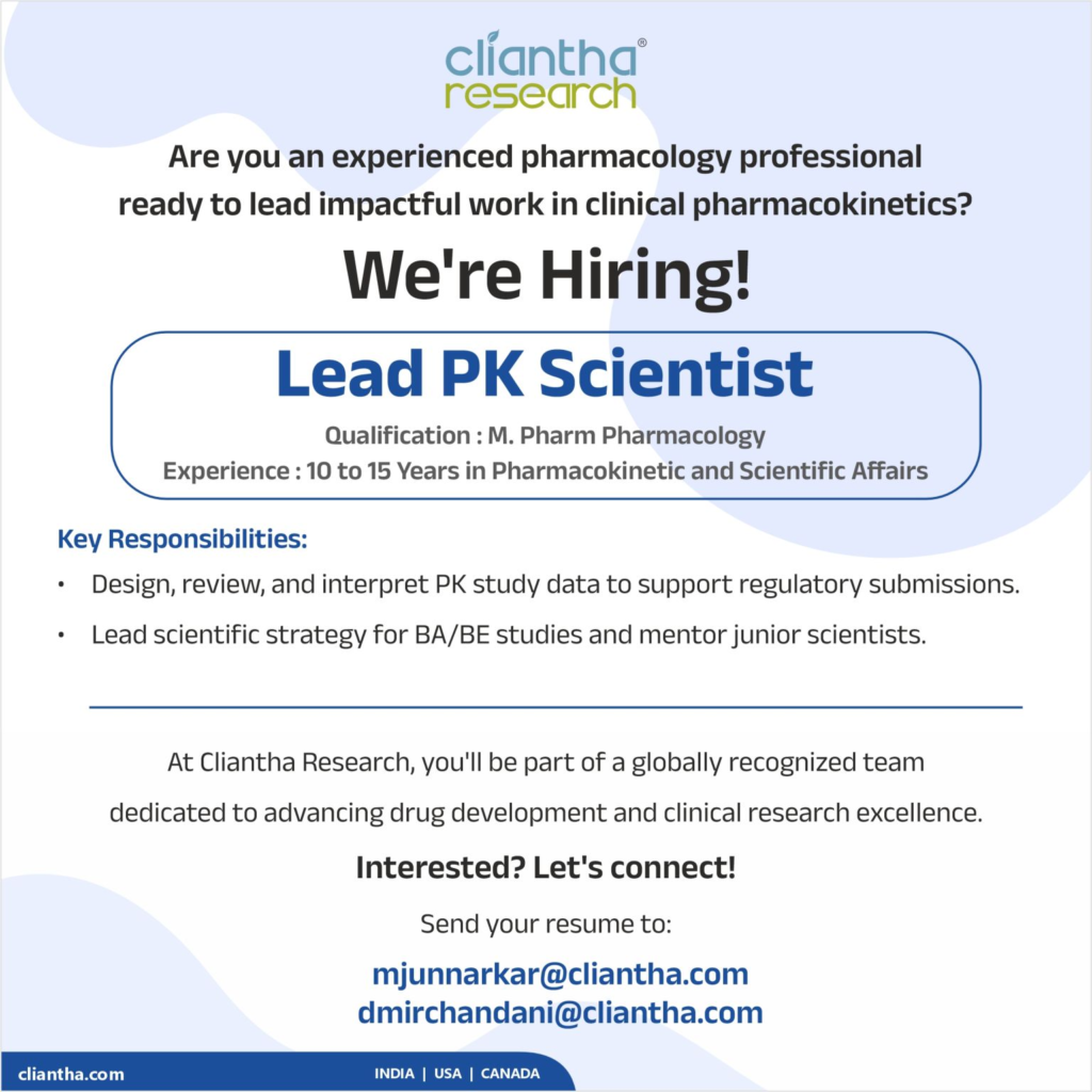 Cliantha Research - Urgent Hiring for Lead PK Scientist (Pharmacology)