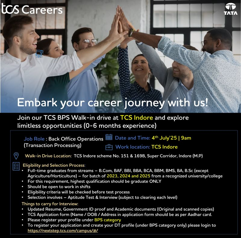 TCS BPS Walk-In Drive for Freshers in Indore – 4th July 2025