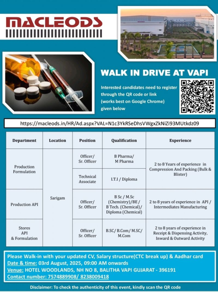 Macleods Pharmaceuticals Walk-In Drive for Production & Store Job Roles on 3rd August