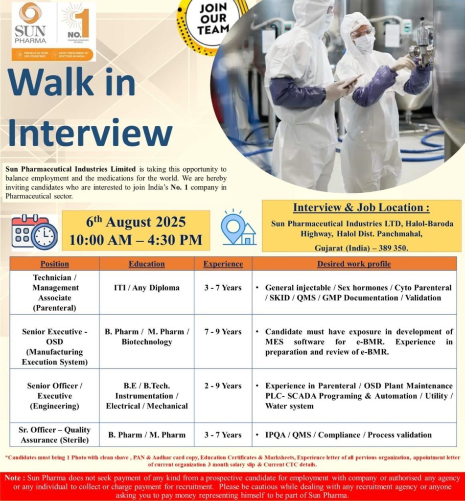 Sun Pharma Walk-In Drive for B.E. / B.Tech / B.Pharm / M.Pharm / Biotechnology Candidates on 6th August