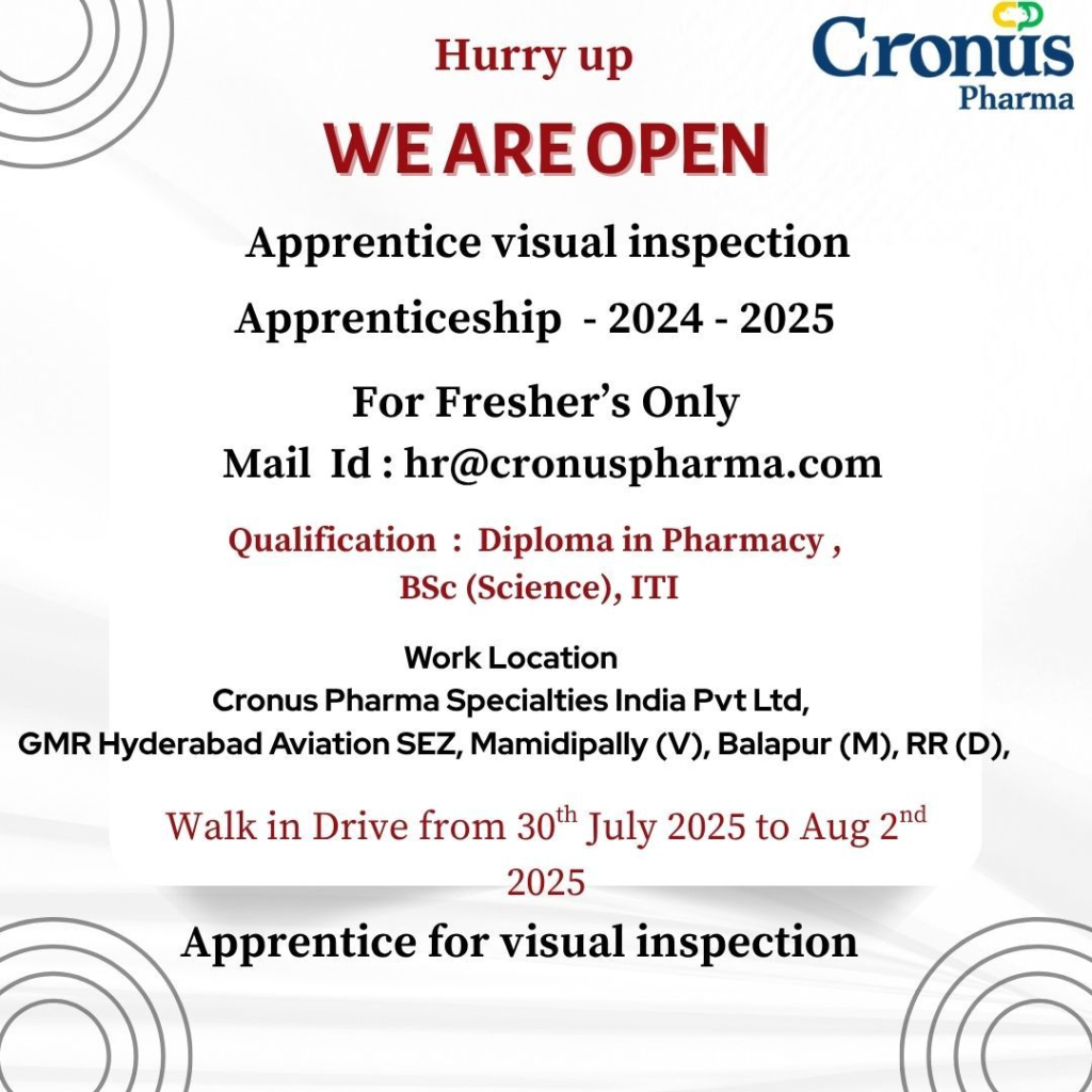 Cronus Pharma Walk-In Drive for Apprentice Visual Inspection on 1st & 2nd August