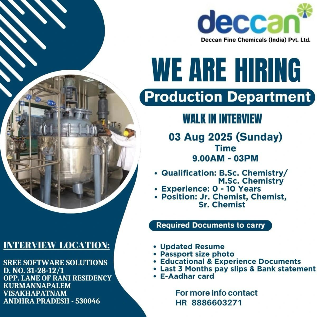 Deccan Fine Chemicals Walk-In Interview for Production Department on 3 August