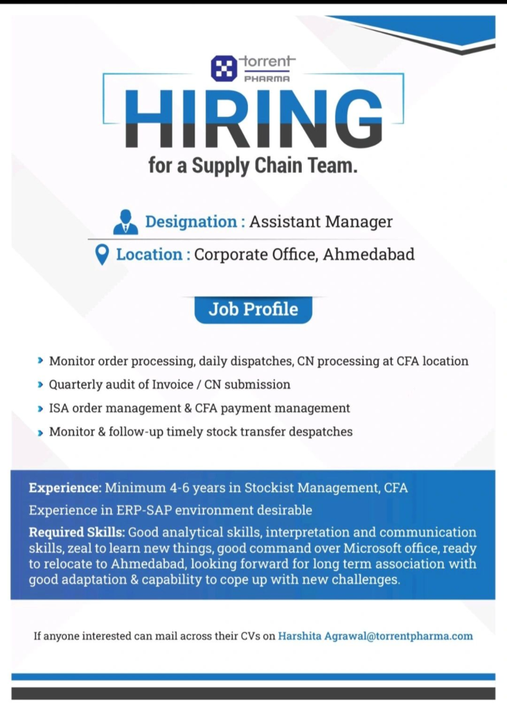 Torrent Pharma Hiring for Assistant Manager Opportunity in Supply Chain