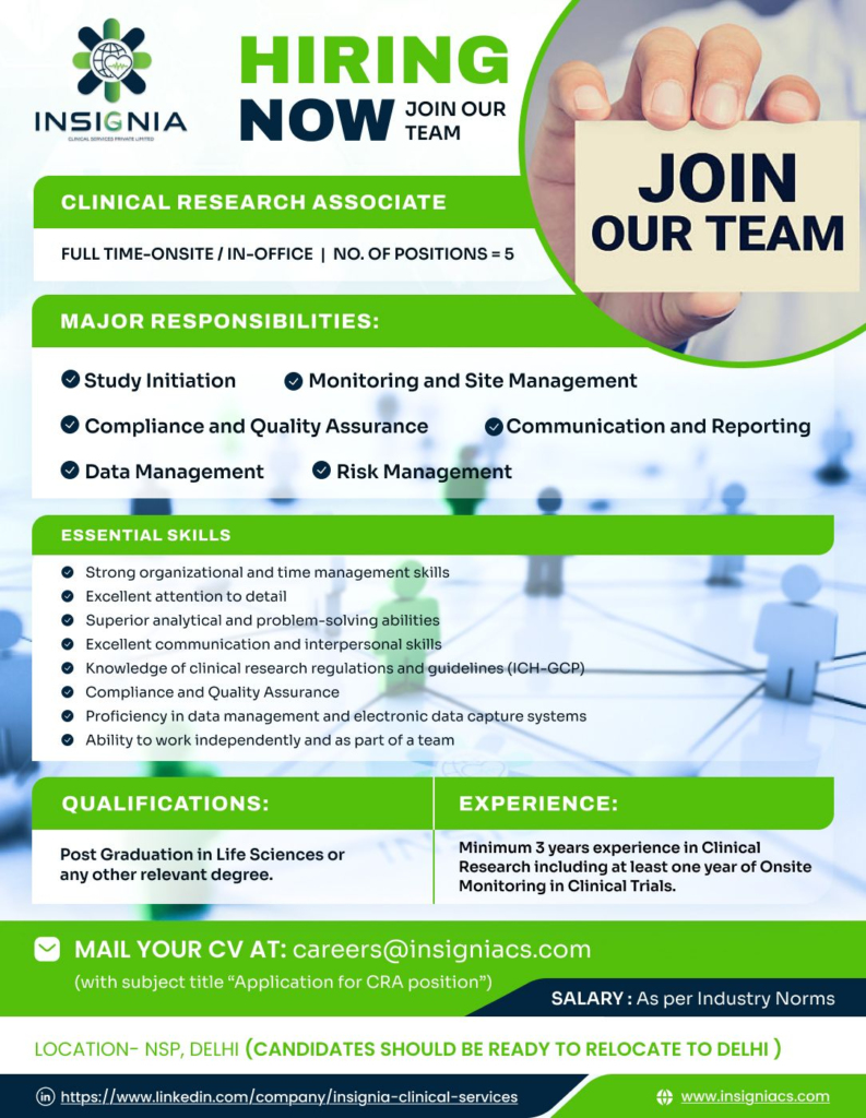 Insignia Clinical Services is Hiring for Clinical Research Associate Job Roles in Delhi