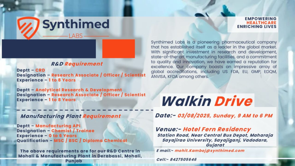 Synthimed Labs Walk-In Drive for R&D and Manufacturing Roles on 3rd August