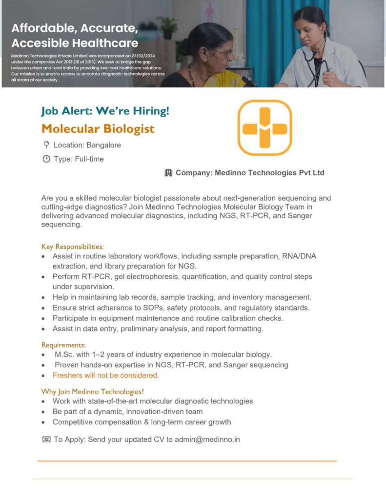 Medinno Technologies is Hiring for A Molecular Biologist – July 2025