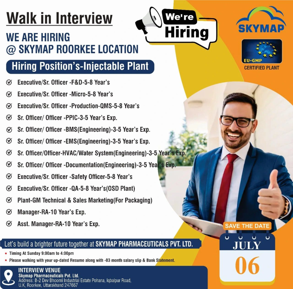 Skymap Pharmaceuticals Walk-In Drive for Multiple Positions – 6th July 2025