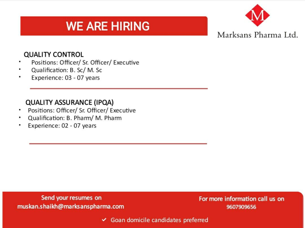 Marksans Pharma is Hiring for Quality Control and Quality Assurance (IPQA) Roles