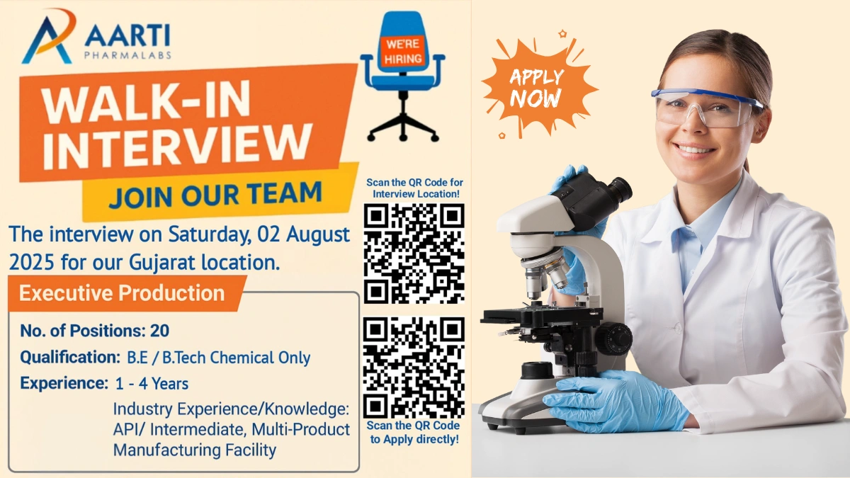 20 Job Openings @ Aarti Pharmalabs Walk-In Interview on 2nd August