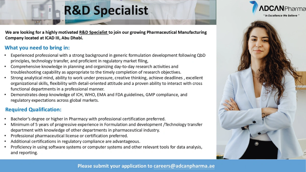 ADCAN Pharma Hiring – R&D Specialist in Abu Dhabi