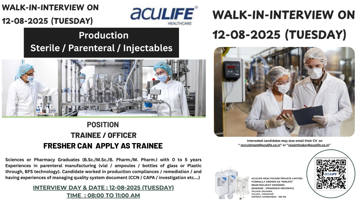 Aculife Healthcare Walk-In Interviews for Trainee – Production